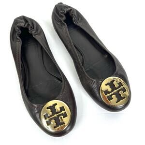 Tory Burch Size 7 M Brown Gold Logo Leather Ballet Flats